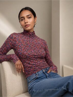 AFRM Floral Mesh Turtleneck Top Pink Blue Long Sleeve Revolve Size M